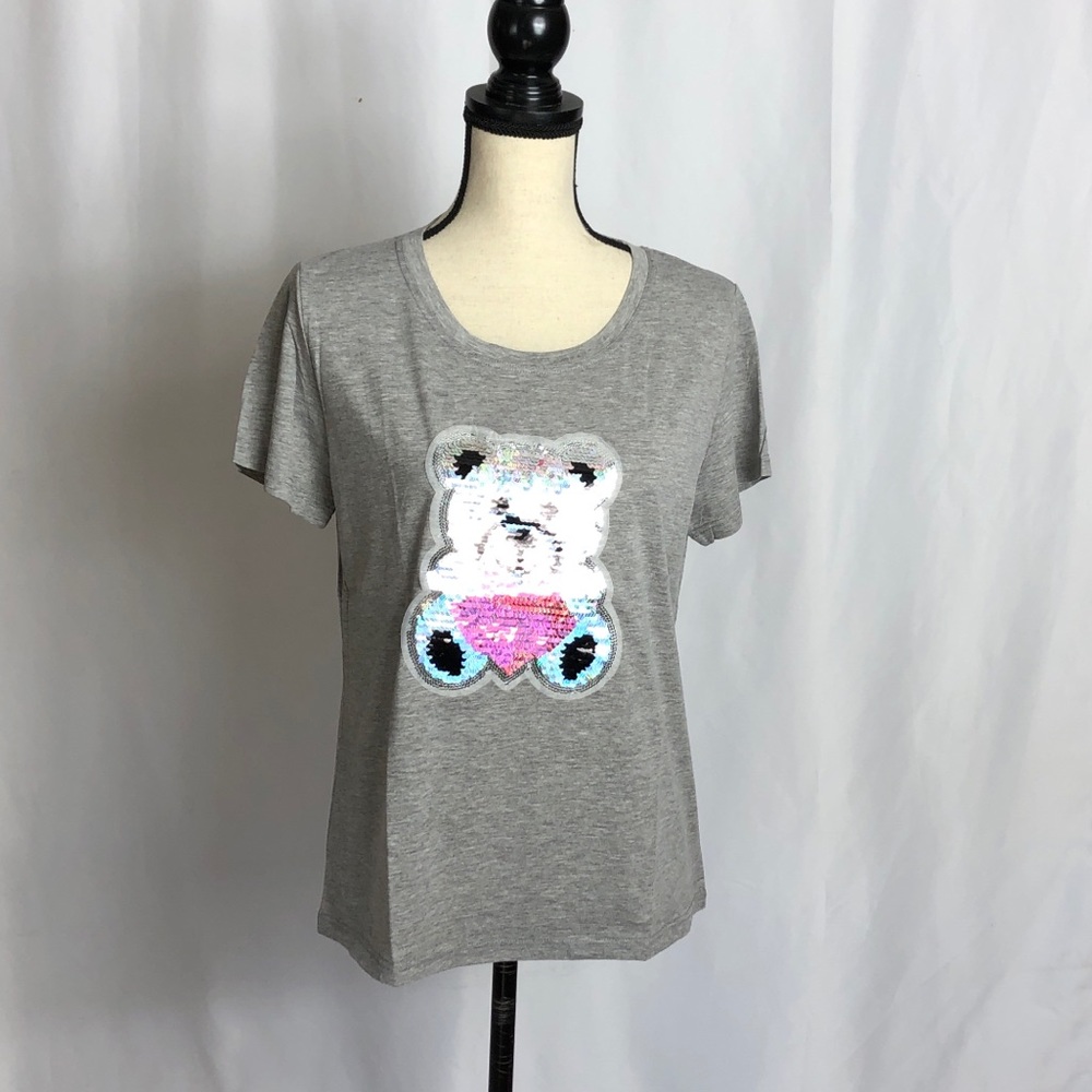 Gray Teddy Bear Embroidered T-Shirt